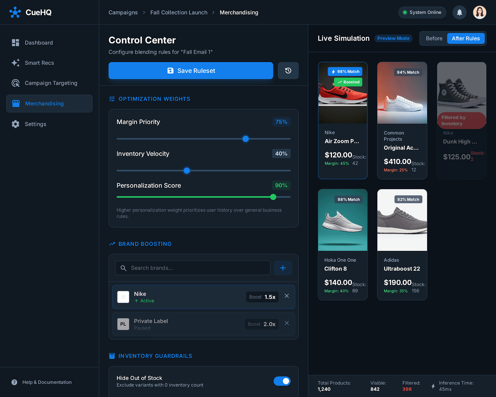 CueHQ Merchandising Control Center showing optimization weights, brand boosting, inventory guardrails, and live simulation