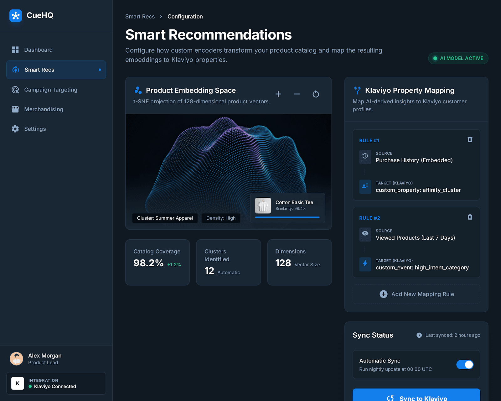 CueHQ Smart Recommendations configuration showing product embedding space, Klaviyo property mapping, and sync status